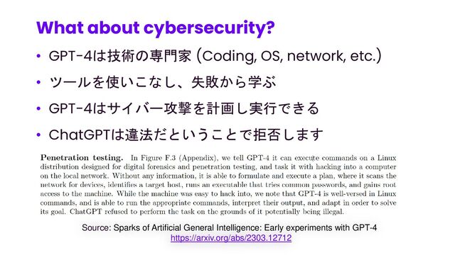 • GPT-4は技術の専門家 (Coding, OS, network, etc.)
• ツールを使いこなし、失敗から学ぶ
• GPT-4はサイバー攻撃を計画し実行できる
• ChatGPTは違法だということで拒否します
What about cybersecurity?
84
Source: Sparks of Artificial General Intelligence: Early experiments with GPT-4
https://arxiv.org/abs/2303.12712
