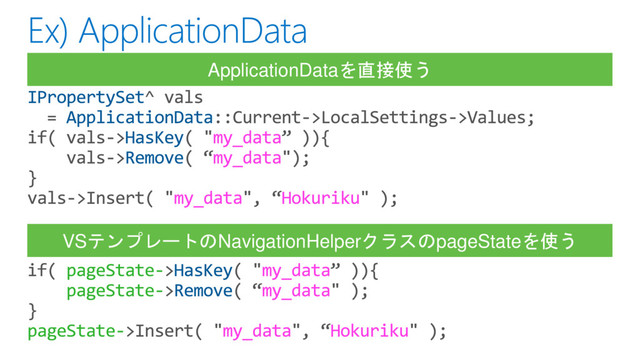 ApplicationDataを直接使う
VSテンプレートのNavigationHelperクラスのpageStateを使う
