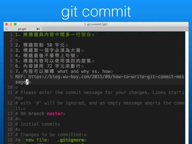 git commit
Local
Local Repo/
Master
Staging
Area
Workspace
git add git commit
