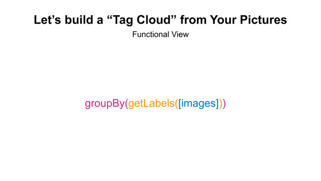 renderHtml(groupBy(getLabels([images])), htmlParams)
Functional View
Let’s build a “Tag Cloud” from Your Pictures
