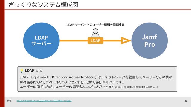 6
ざっくりなシステム構成図
Jamf
Pro
LDAP
サーバー LDAP
LDAP サーバー上のユーザー情報を同期する
💡 LDAP とは
LDAP (Lightweight Directory Access Protocol) は、ネットワークを経由してユーザーなどの情報
が格納されているディレクトリへアクセスすることができるプロトコルです。
ユーザーの同期に加え、ユーザーの認証もおこなうことができます。
（しかし、今回は認証機能は使いません…）
参考 https://www.okta.com/jp/identity-101/what-is-ldap/

