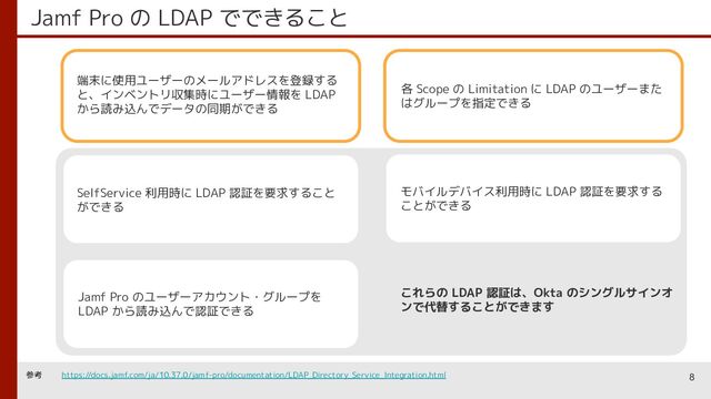 8
Jamf Pro の LDAP でできること
参考 https://docs.jamf.com/ja/10.37.0/jamf-pro/documentation/LDAP_Directory_Service_Integration.html
Jamf Pro のユーザーアカウント・グループを
LDAP から読み込んで認証できる
SelfService 利用時に LDAP 認証を要求すること
ができる
モバイルデバイス利用時に LDAP 認証を要求する
ことができる
各 Scope の Limitation に LDAP のユーザーまた
はグループを指定できる
これらの LDAP 認証は、Okta のシングルサインオ
ンで代替することができます
端末に使用ユーザーのメールアドレスを登録する
と、インベントリ収集時にユーザー情報を LDAP
から読み込んでデータの同期ができる
