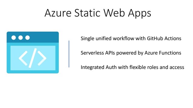 Azure Static Web Apps
Single unified workflow with GitHub Actions
Serverless APIs powered by Azure Functions
Integrated Auth with flexible roles and access
