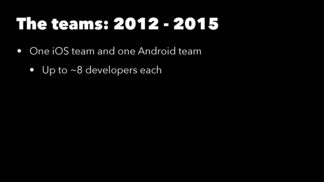 The teams: 2012 - 2015
• One iOS team and one Android team
• Up to ~8 developers each
