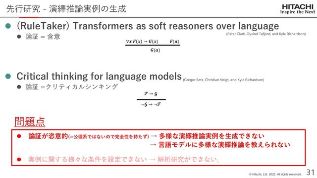 © Hitachi, Ltd. 2023. All rights reserved.
31
 (RuleTaker) Transformers as soft reasoners over language
 論証 = 含意
 Critical thinking for language models
 論証 =クリティカルシンキング
先行研究 - 演繹推論実例の生成
(Peter Clark, Oyvind Tafjord, and Kyle Richardson)
(Gregor Betz, Christian Voigt, and Kyle Richardson)
𝑮𝑮(𝒂𝒂)
∀𝒙𝒙 𝑭𝑭 𝒙𝒙 → 𝑮𝑮(𝒙𝒙) 𝑭𝑭(𝒂𝒂)
𝓕𝓕 → 𝓖𝓖
¬𝓖𝓖 → ¬𝓕𝓕
 論証が恣意的(=公理系ではないので完全性を持たず) → 多様な演繹推論実例を生成できない
→ 言語モデルに多様な演繹推論を教えられない
 実例に関する様々な条件を設定できない → 解析研究ができない．
問題点
