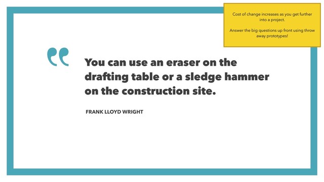 You can use an eraser on the
drafting table or a sledge hammer
on the construction site.
FRANK LLOYD WRIGHT
Cost of change increases as you get further
into a project.
Answer the big questions up front using throw
away prototypes!
