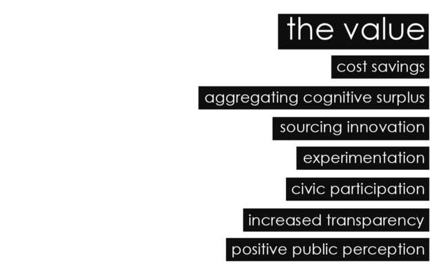 cost savings
the value
aggregating cognitive surplus
sourcing innovation
experimentation
civic participation
positive public perception
increased transparency
