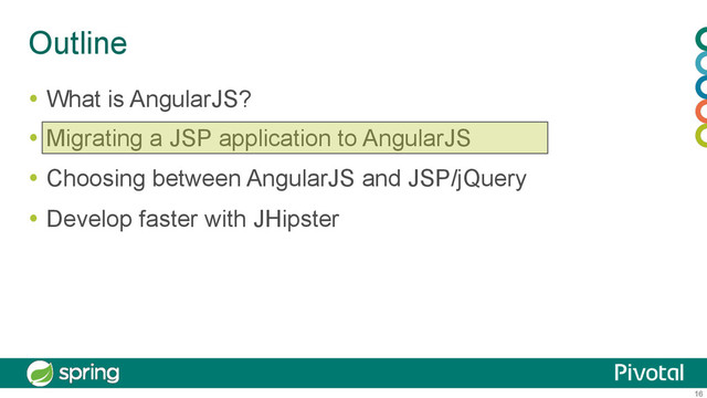 16
Outline
  What is AngularJS?
  Migrating a JSP application to AngularJS
  Choosing between AngularJS and JSP/jQuery
  Develop faster with JHipster
