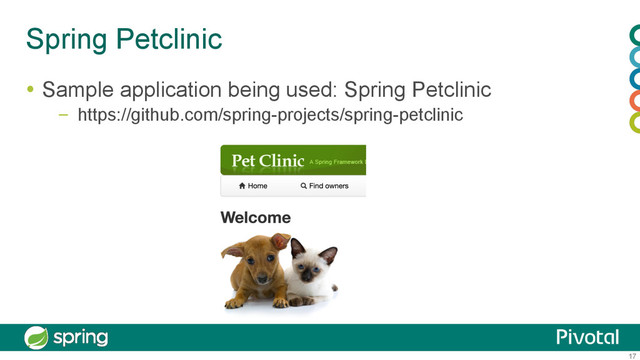 17
Spring Petclinic
  Sample application being used: Spring Petclinic
–  https://github.com/spring-projects/spring-petclinic
