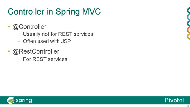 19
Controller in Spring MVC
  @Controller
–  Usually not for REST services
–  Often used with JSP
  @RestController
–  For REST services
