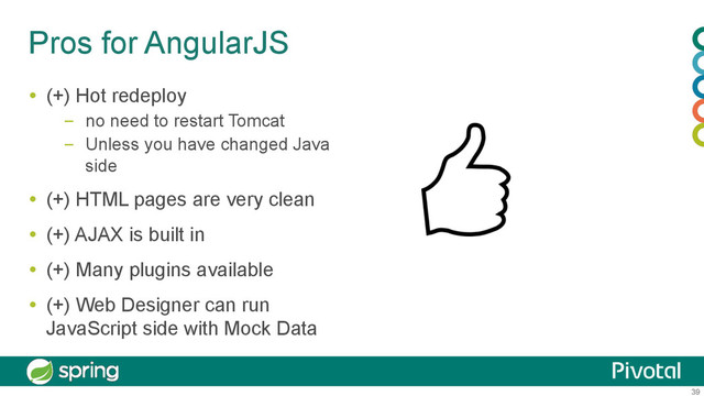 39
Pros for AngularJS
  (+) Hot redeploy
–  no need to restart Tomcat
–  Unless you have changed Java
side
  (+) HTML pages are very clean
  (+) AJAX is built in
  (+) Many plugins available
  (+) Web Designer can run
JavaScript side with Mock Data
