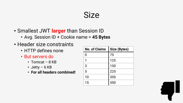 Size
• Smallest JWT larger than Session ID
• Avg. Session ID + Cookie name = 45 Bytes
• Header size constraints
• HTTP defines none
• But servers do
• Tomcat – 8 KB
• Jetty – 6 KB
• For all headers combined!
No. of Claims Size (Bytes)
0 75
1 125
3 150
5 225
10 350
15 550
