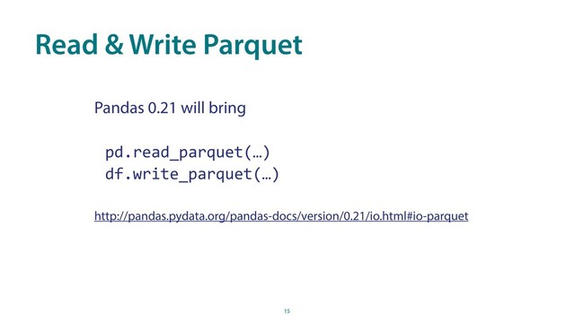 Read & Write Parquet
15
Pandas 0.21 will bring
pd.read_parquet(…)
df.write_parquet(…)
http://pandas.pydata.org/pandas-docs/version/0.21/io.html#io-parquet

