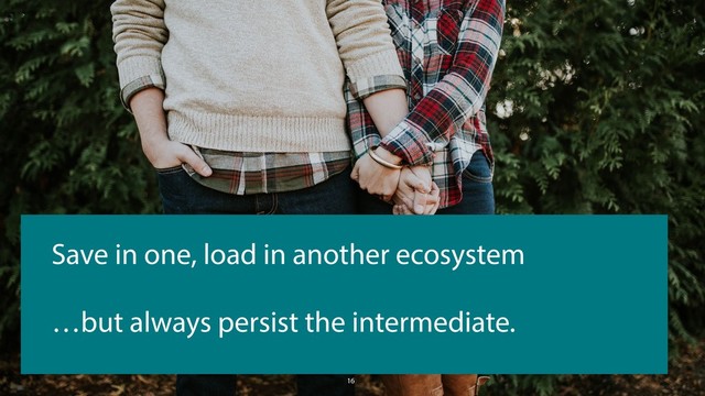 16
Save in one, load in another ecosystem
…but always persist the intermediate.
