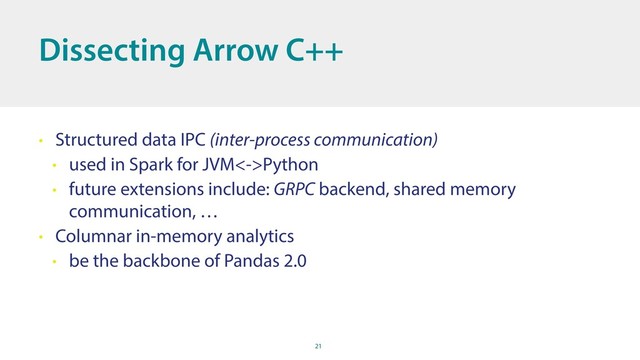 21
Dissecting Arrow C++
• Structured data IPC (inter-process communication)
• used in Spark for JVM<->Python
• future extensions include: GRPC backend, shared memory
communication, …
• Columnar in-memory analytics
• be the backbone of Pandas 2.0
