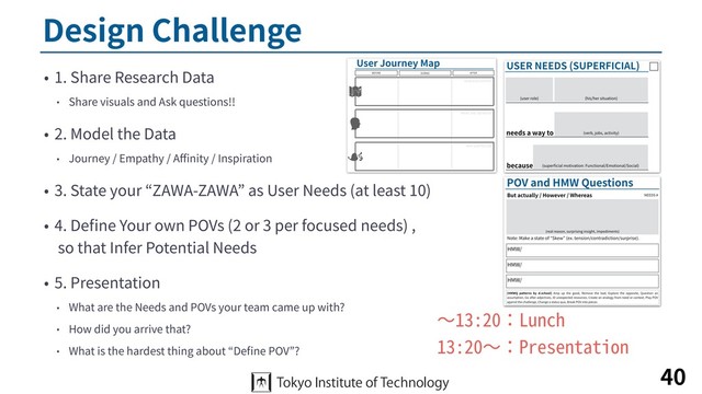 Design Challenge
• 1. Share Research Data
• Share visuals and Ask questions!!
• 2. Model the Data
• Journey / Empathy / Aﬃnity / Inspiration
• 3. State your “ZAWA-ZAWA” as User Needs (at least 10)
• 4. Deﬁne Your own POVs (2 or 3 per focused needs) , 
so that Infer Potential Needs
• 5. Presentation
• What are the Needs and POVs your team came up with?
• How did you arrive that?
• What is the hardest thing about “Deﬁne POV”?
40
〜13:20：Lunch
13:20〜：Presentation
