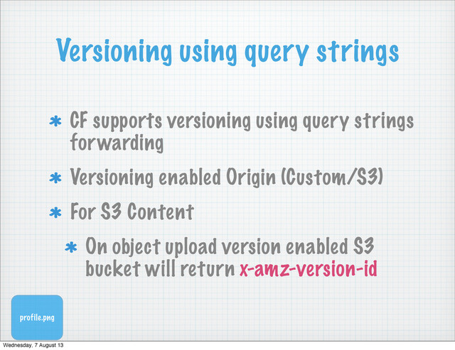 Versioning using query strings
CF supports versioning using query strings
forwarding
Versioning enabled Origin (Custom/S3)
For S3 Content
On object upload version enabled S3
bucket will return x-amz-version-id
profile.png
Wednesday, 7 August 13
