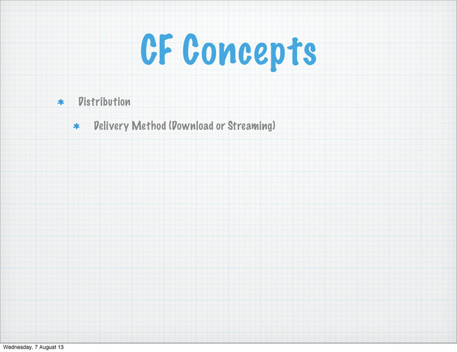 CF Concepts
Distribution
Delivery Method (Download or Streaming)
Wednesday, 7 August 13
