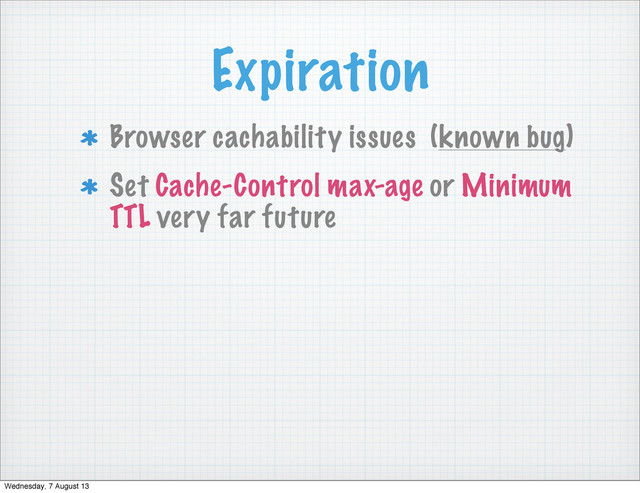 Expiration
Browser cachability issues (known bug)
Set Cache-Control max-age or Minimum
TTL very far future
Wednesday, 7 August 13
