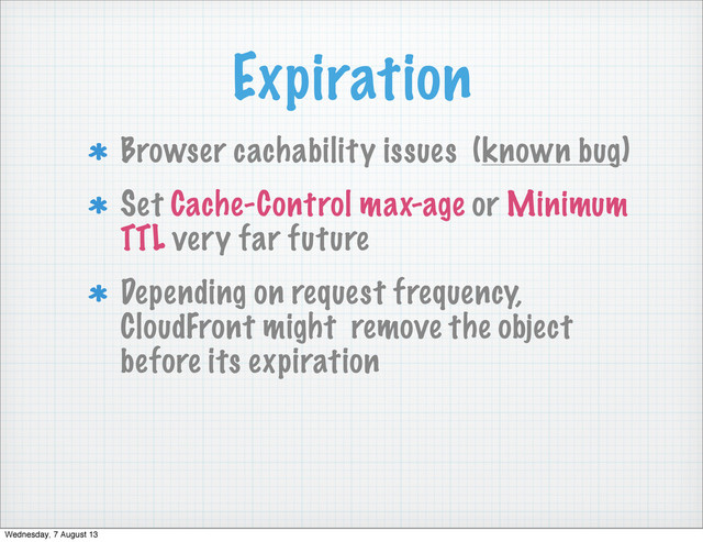 Expiration
Browser cachability issues (known bug)
Set Cache-Control max-age or Minimum
TTL very far future
Depending on request frequency,
CloudFront might remove the object
before its expiration
Wednesday, 7 August 13
