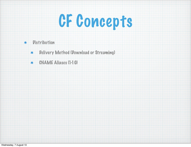 CF Concepts
Distribution
Delivery Method (Download or Streaming)
CNAME Aliases (1-10)
Wednesday, 7 August 13
