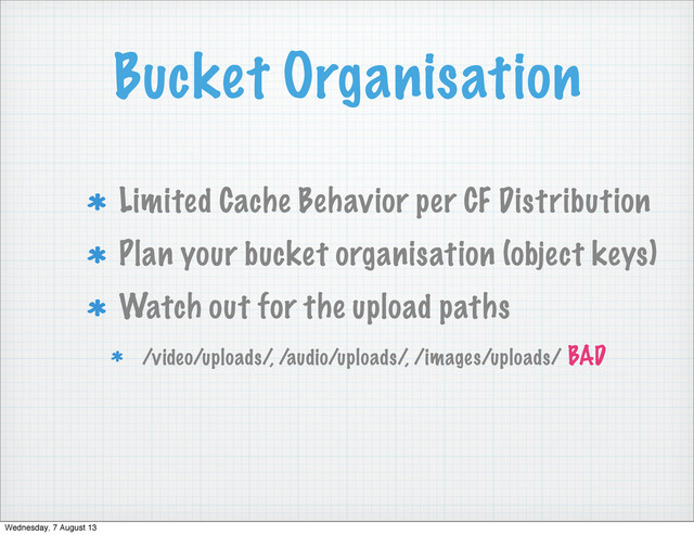 Bucket Organisation
Limited Cache Behavior per CF Distribution
Plan your bucket organisation (object keys)
Watch out for the upload paths
/video/uploads/, /audio/uploads/, /images/uploads/ BAD
Wednesday, 7 August 13
