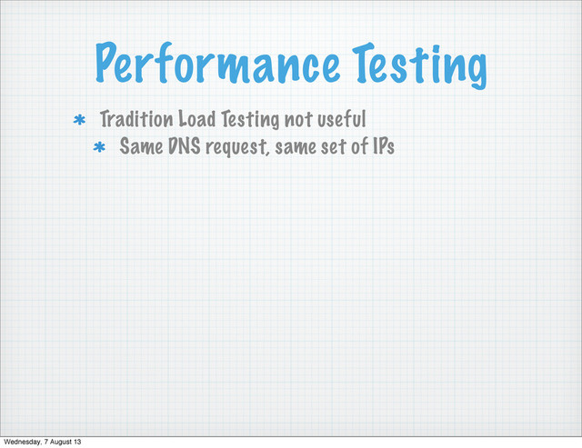 Performance Testing
Tradition Load Testing not useful
Same DNS request, same set of IPs
Wednesday, 7 August 13
