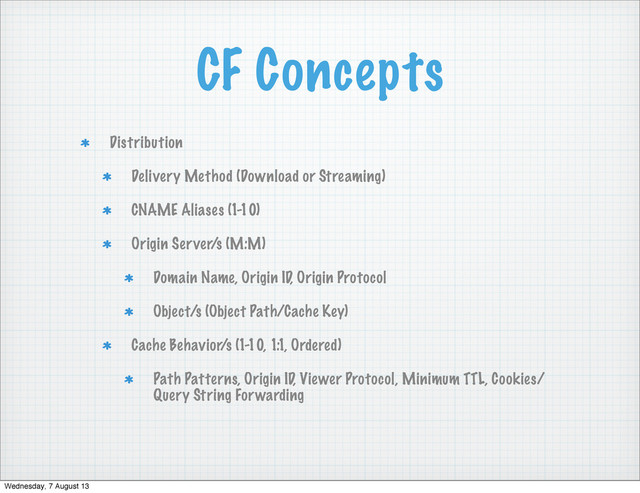 CF Concepts
Distribution
Delivery Method (Download or Streaming)
CNAME Aliases (1-10)
Origin Server/s (M:M)
Domain Name, Origin ID, Origin Protocol
Object/s (Object Path/Cache Key)
Cache Behavior/s (1-10, 1:1, Ordered)
Path Patterns, Origin ID, Viewer Protocol, Minimum TTL, Cookies/
Query String Forwarding
Wednesday, 7 August 13

