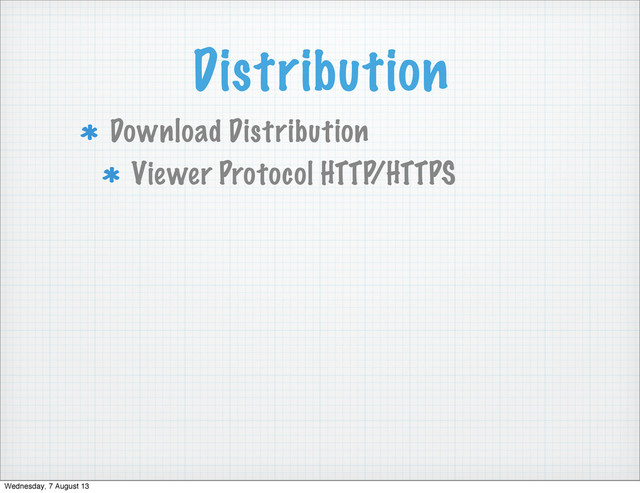 Distribution
Download Distribution
Viewer Protocol HTTP/HTTPS
Wednesday, 7 August 13
