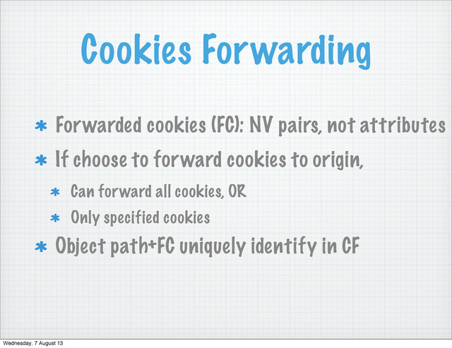 Cookies Forwarding
Forwarded cookies (FC): NV pairs, not attributes
If choose to forward cookies to origin,
Can forward all cookies, OR
Only specified cookies
Object path+FC uniquely identify in CF
Wednesday, 7 August 13
