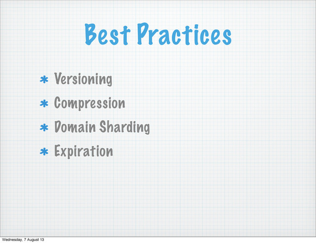Best Practices
Versioning
Compression
Domain Sharding
Expiration
Wednesday, 7 August 13
