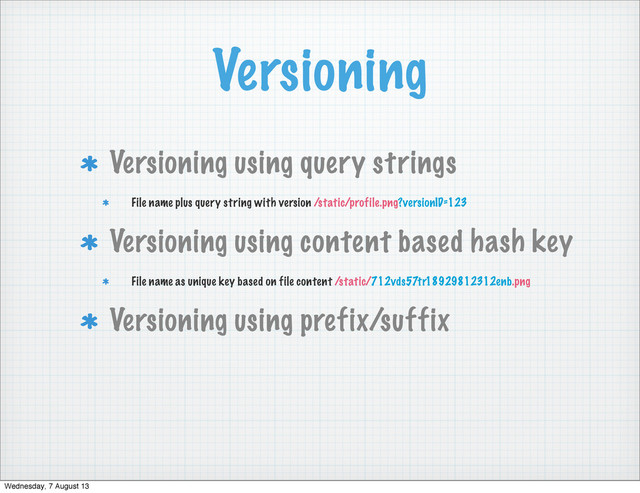 Versioning
Versioning using query strings
File name plus query string with version /static/profile.png?versionID=123
Versioning using content based hash key
File name as unique key based on file content /static/712vds57tr18929812312enb.png
Versioning using prefix/suffix
Wednesday, 7 August 13
