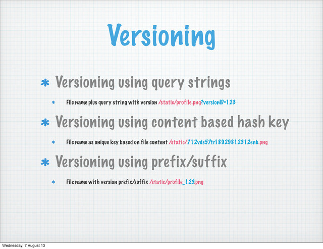 Versioning
Versioning using query strings
File name plus query string with version /static/profile.png?versionID=123
Versioning using content based hash key
File name as unique key based on file content /static/712vds57tr18929812312enb.png
Versioning using prefix/suffix
File name with version prefix/suffix /static/profile_123.png
Wednesday, 7 August 13
