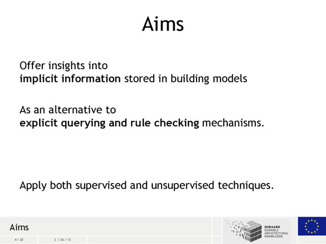 4 / 20 2 / 26 / 13
Aims
Offer insights into
implicit information stored in building models
As an alternative to
explicit querying and rule checking mechanisms.
Apply both supervised and unsupervised techniques.
Aims
