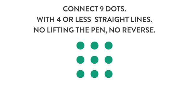 CONNECT 9 DOTS.
WITH 4 OR LESS STRAIGHT LINES.
NO LIFTING THE PEN, NO REVERSE.
