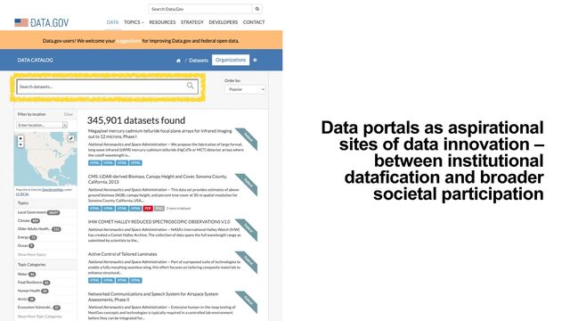 Data portals as aspirational
sites of data innovation –
between institutional
datafication and broader
societal participation

