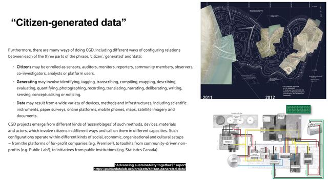“Citizen-generated data”
“Advancing sustainability together?” report
 
https://publicdatalab.org/projects/citizen-generated-data/
