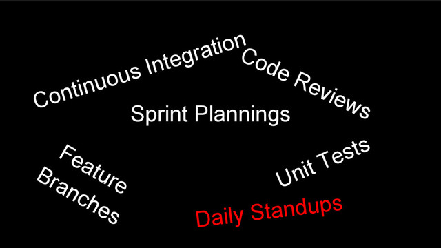 Sprint Plannings
Unit Tests
Feature
Branches
Code Reviews
Continuous Integration
Daily Standups
