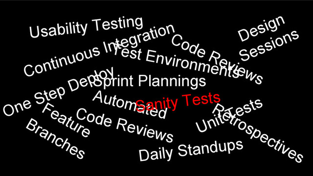 Sprint Plannings
Unit Tests
Feature
Branches
Code Reviews
Continuous Integration
Daily Standups
Automated
Code Reviews
Usability Testing
Design
Sessions
Retrospectives
One Step Deploy
Test Environments
Sanity Tests
