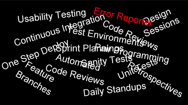 Sprint Plannings
Unit Tests
Feature
Branches
Code Reviews
Continuous Integration
Daily Standups
Automated
Code Reviews
Usability Testing
Design
Sessions
Retrospectives
One Step Deploy
Test Environments
Sanity Tests
Pair Programming
Error Reporter
