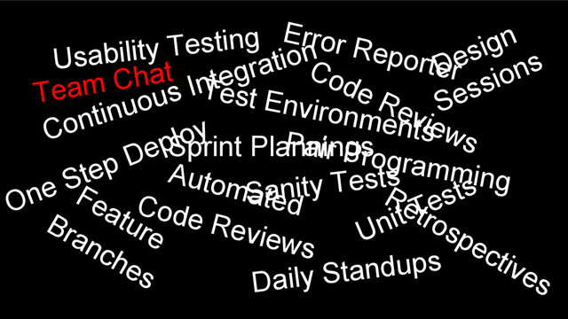 Sprint Plannings
Unit Tests
Feature
Branches
Code Reviews
Continuous Integration
Daily Standups
Automated
Code Reviews
Usability Testing
Design
Sessions
Retrospectives
One Step Deploy
Test Environments
Sanity Tests
Pair Programming
Team Chat
Error Reporter

