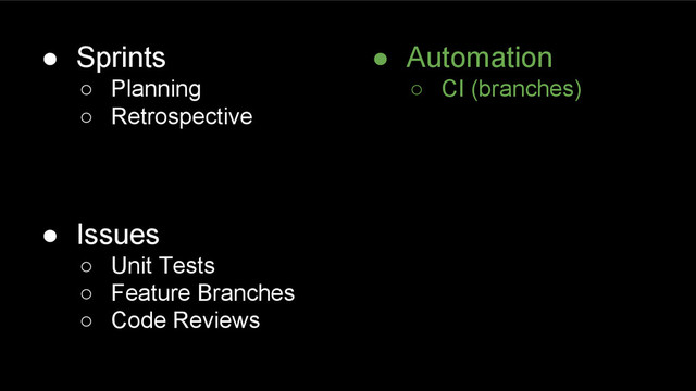 ● Sprints
○ Planning
○ Retrospective
● Issues
○ Unit Tests
○ Feature Branches
○ Code Reviews
● Automation
○ CI (branches)
