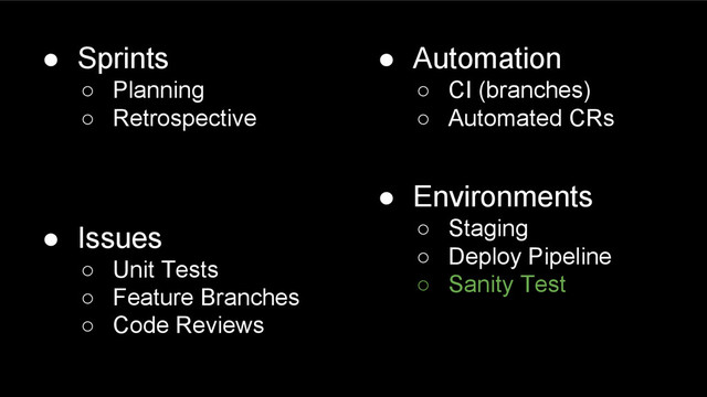 ● Sprints
○ Planning
○ Retrospective
● Issues
○ Unit Tests
○ Feature Branches
○ Code Reviews
● Automation
○ CI (branches)
○ Automated CRs
● Environments
○ Staging
○ Deploy Pipeline
○ Sanity Test
