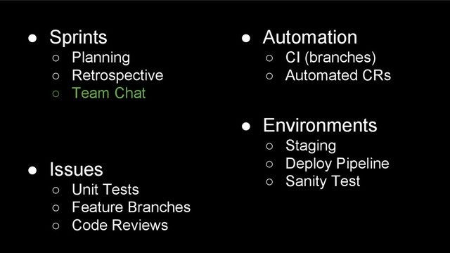 ● Sprints
○ Planning
○ Retrospective
○ Team Chat
● Issues
○ Unit Tests
○ Feature Branches
○ Code Reviews
● Automation
○ CI (branches)
○ Automated CRs
● Environments
○ Staging
○ Deploy Pipeline
○ Sanity Test
