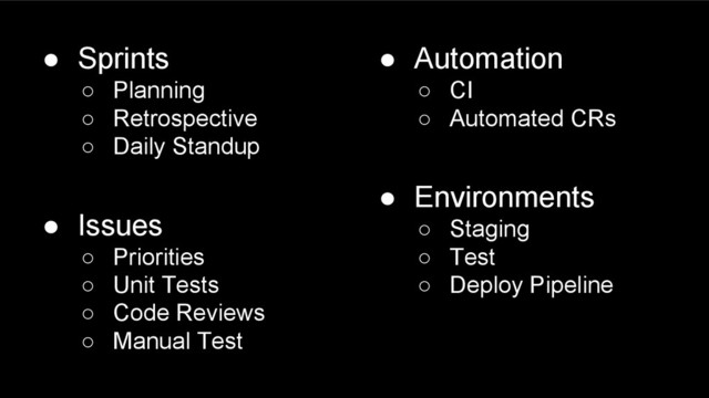 ● Sprints
○ Planning
○ Retrospective
○ Daily Standup
● Issues
○ Priorities
○ Unit Tests
○ Code Reviews
○ Manual Test
● Automation
○ CI
○ Automated CRs
● Environments
○ Staging
○ Test
○ Deploy Pipeline
