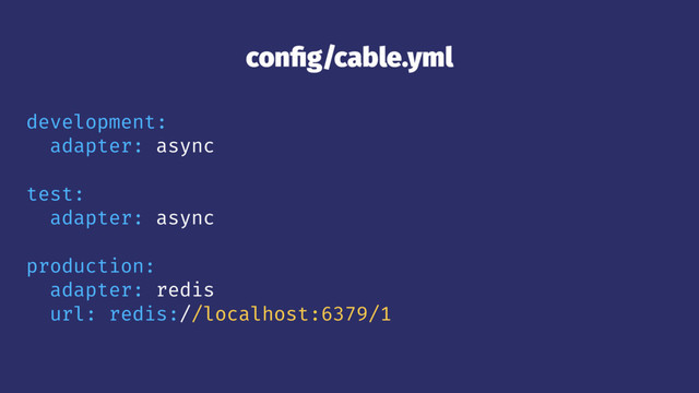 conﬁg/cable.yml
development:
adapter: async
test:
adapter: async
production:
adapter: redis
url: redis://localhost:6379/1

