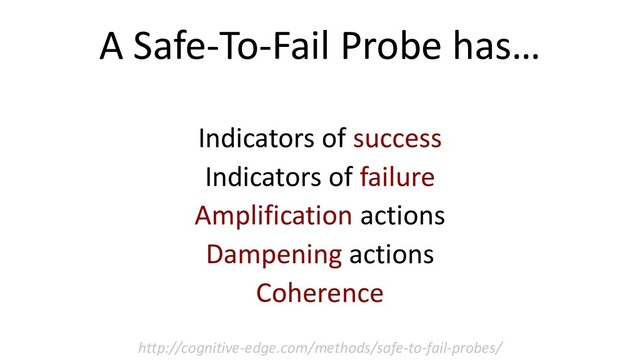 A Safe-To-Fail Probe has…
Indicators of success
Indicators of failure
Amplification actions
Dampening actions
Coherence
http://cognitive-edge.com/methods/safe-to-fail-probes/
