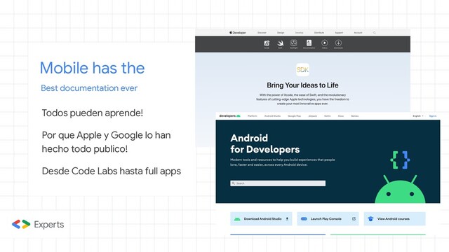 Mobile has the
Best documentation ever
Todos pueden aprende! 

Por que Apple y Google lo han
hecho todo publico! 

Desde Code Labs hasta full apps
