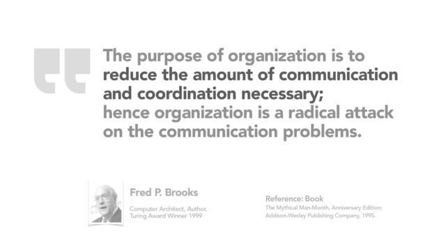The purpose of organization is to
reduce the amount of communication
and coordination necessary;
hence organization is a radical attack
on the communication problems.
Book
The Mythical Man-Month, Anniversary Edition:
Addison-Wesley Publishing Company, 1995.
Reference:
Fred P. Brooks
Computer Architect, Author,
Turing Award Winner 1999
“
