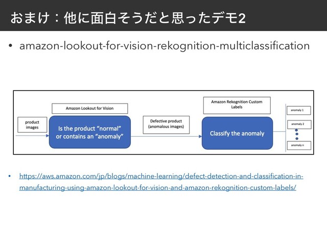 ͓·͚ɿଞʹ໘നͦ͏ͩͱࢥͬͨσϞ2
• amazon-lookout-for-vision-rekognition-multiclassi
fi
cation


• https://aws.amazon.com/jp/blogs/machine-learning/defect-detection-and-classi
fi
cation-in-
manufacturing-using-amazon-lookout-for-vision-and-amazon-rekognition-custom-labels/
